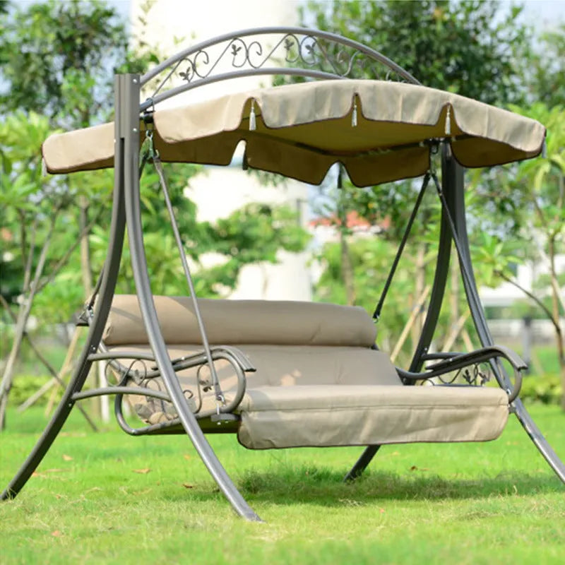 Three-person outdoor swing chair with alloy steel frame and Teslin mesh backrest in rustic design
