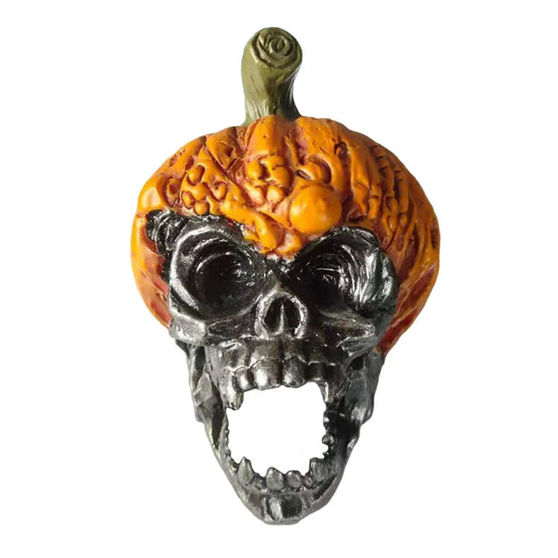 Hand-painted pumpkin skull resin ornament measuring 12cm tall with orange and black colour scheme