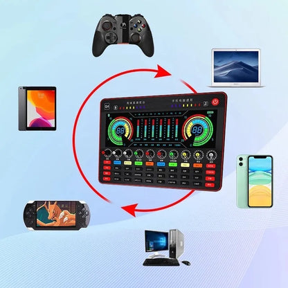 G4 professional USB sound card mixer with LCD screen, multiple knobs, and included microphone and cables