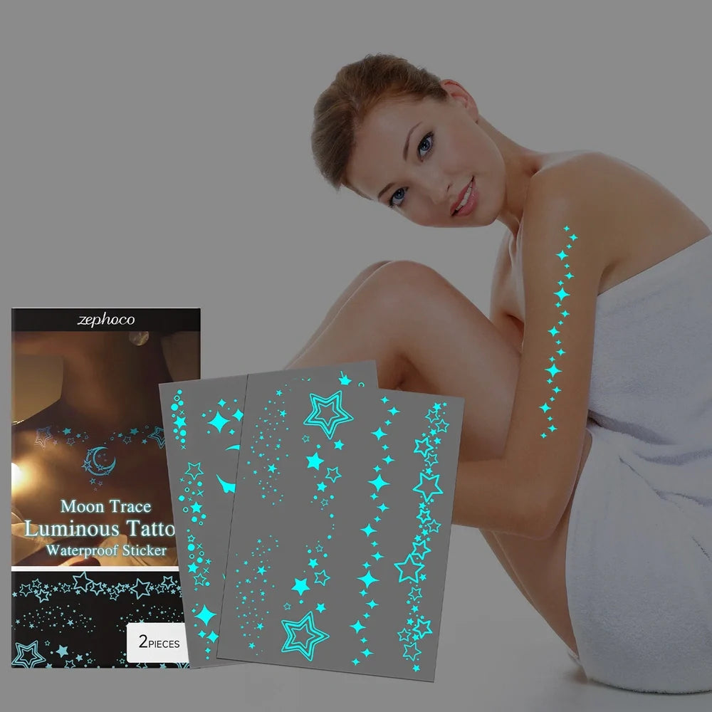 Luminous temporary tattoo stickers glowing on skin with water-based paste containing aloe extract