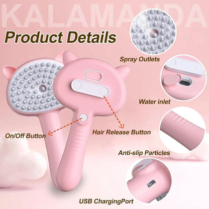 Cat ear-shaped steam brush with blue handle, rubber bristles, and release button for pet grooming