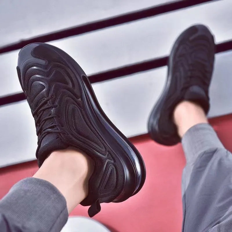 Men's black casual air cushion sneakers with lace-up front and thick sole