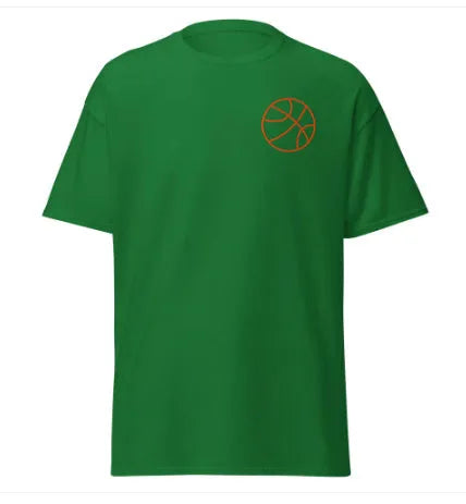Men's thin polyester mesh short-sleeved T-shirt on a hanger, showing ball-style pattern, available in multiple colours.