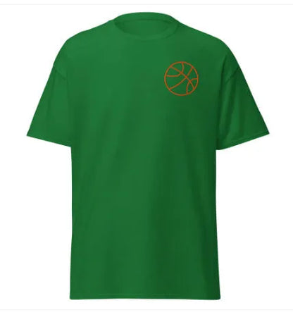 Men's thin polyester mesh short-sleeved T-shirt on a hanger, showing ball-style pattern, available in multiple colours.