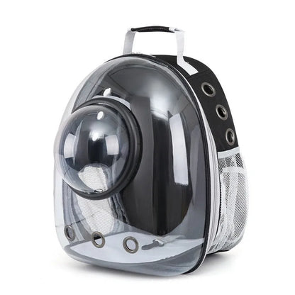 Grey PC plastic side opening pet carrier backpack for cats on a white background.