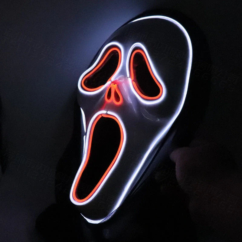 Halloween Scary Skull LED Glowing Screaming Mask with white shell and ice blue light