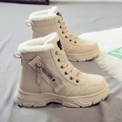 Women's plus size fleece-lined snow boots in tall crown design with mid heel and lace-up front
