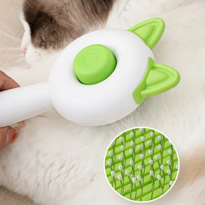 Dual-purpose pet grooming brush with self-cleaning design, available in greenish white and orange white colors