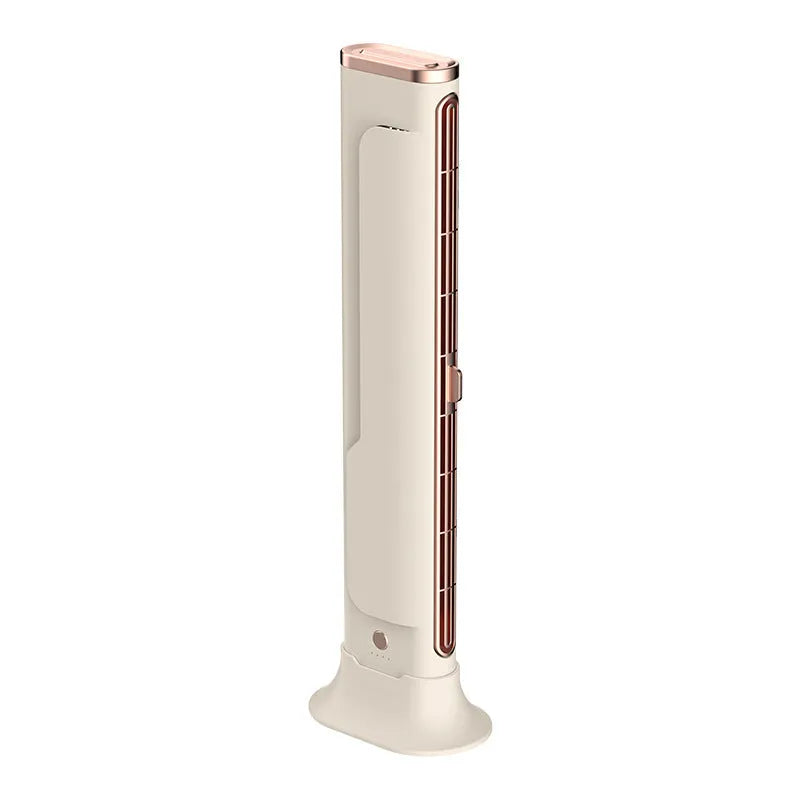 Creamy-white Roman column USB floor fan with integrated LED light showing three-speed controls