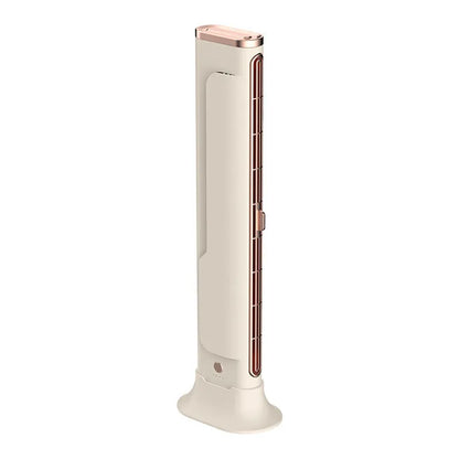 Creamy-white Roman column USB floor fan with integrated LED light showing three-speed controls