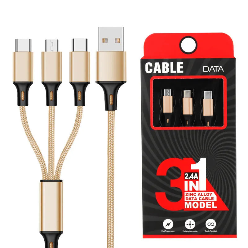 Red 3-in-1 nylon braided charging cable with three connector types on a 1.2m cord