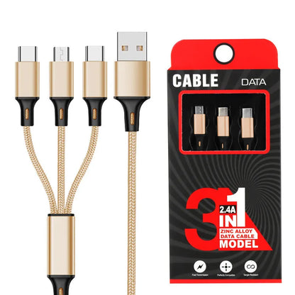 Red 3-in-1 nylon braided charging cable with three connector types on a 1.2m cord
