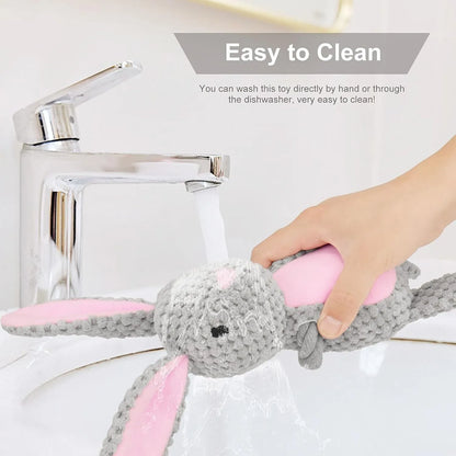 Stuffed animal dog plush toy with cotton rope, shown in elephant, fox, monkey, pig, or rabbit shapes.
