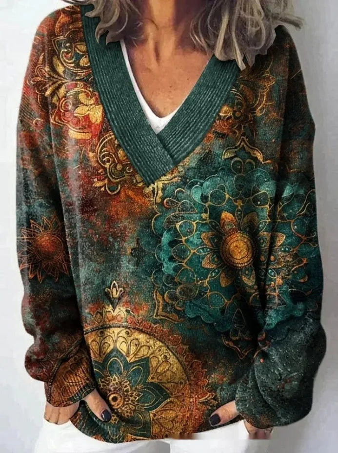 Women's V-neck sweatshirt with a detailed 3D floral pattern print in art retro style.
