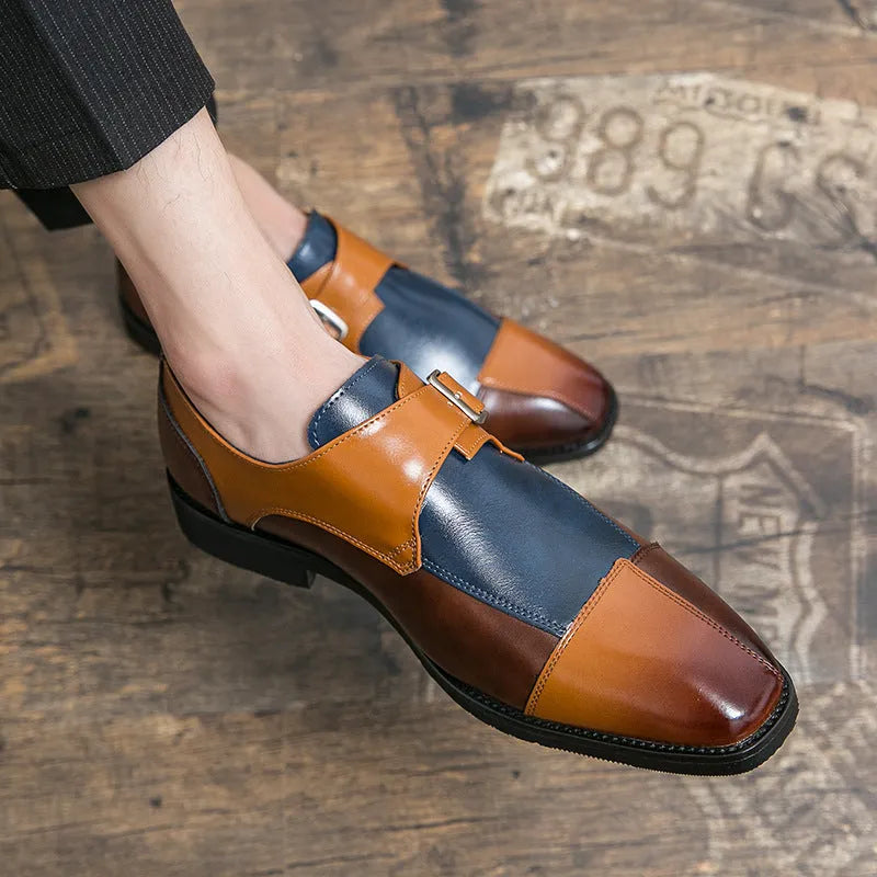 Men's brown blue and black retro-style casual leather shoes with a tall crown microfiber upper.