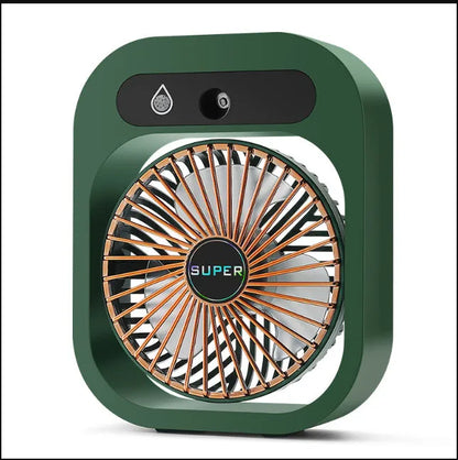Green and white USB rechargeable misting fan humidifier with adjustable head on a desk