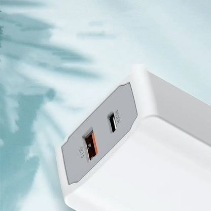 White phone fast charger set with compact charging head and USB cable on a white background.