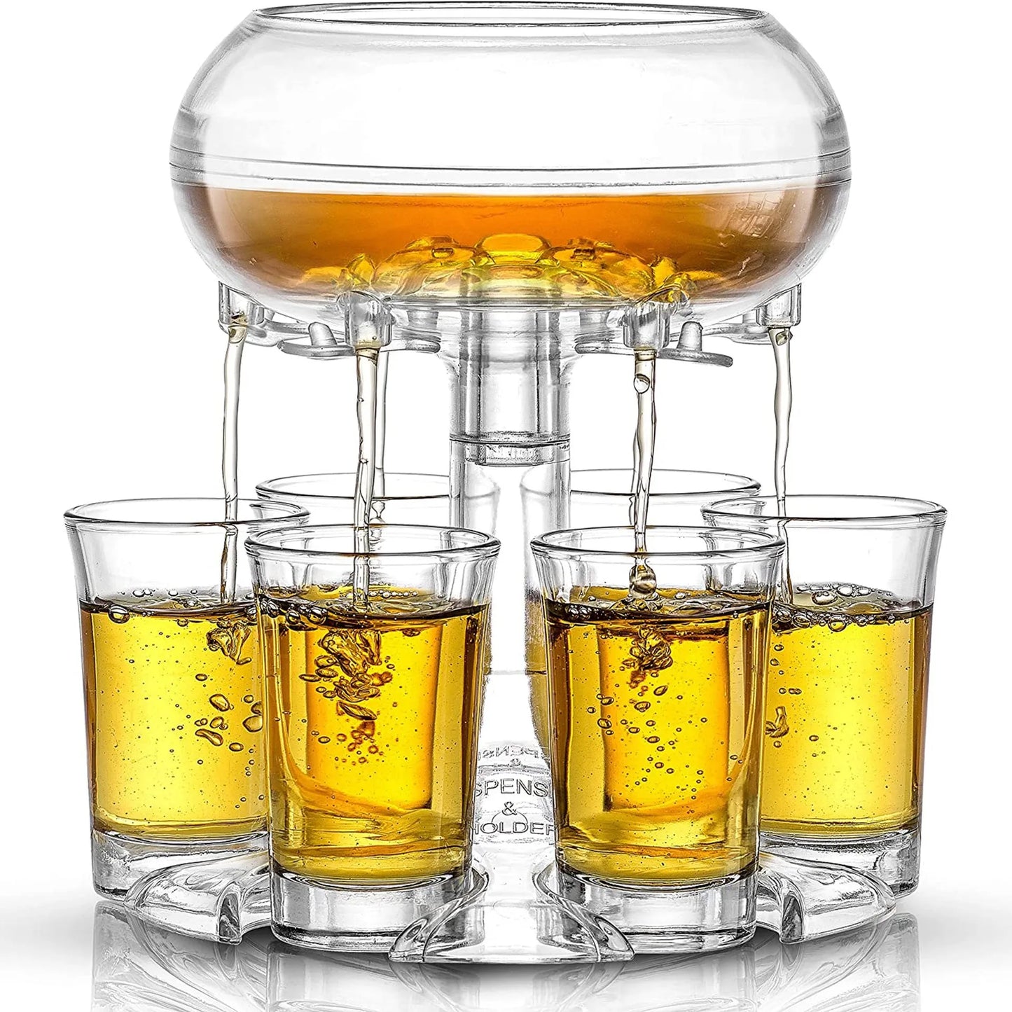Transparent six-shot glass dispenser rack with individual covers on a wooden bar