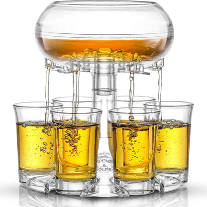 Transparent six-shot glass dispenser rack with individual covers on a wooden bar