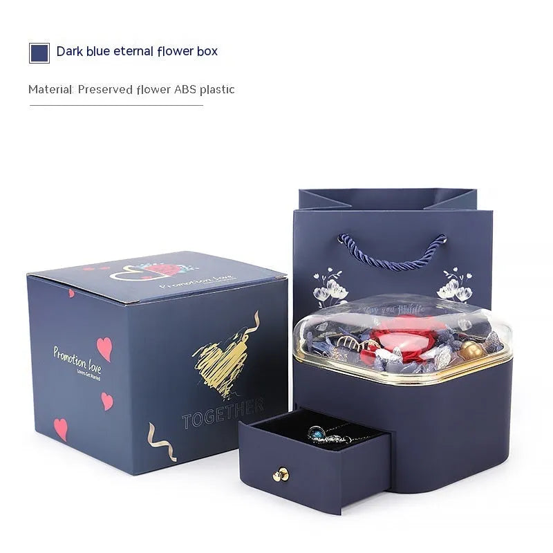 Valentine's Day rose flower drawer jewellery box with preserved eternal flowers and love crystal necklace gift set