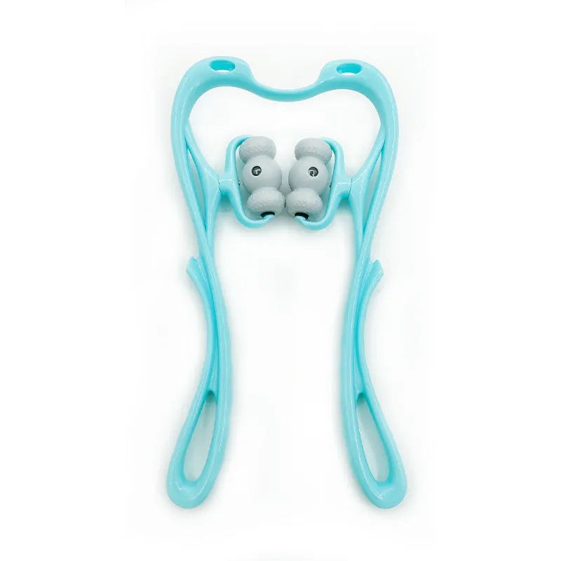 Blue handheld neck massager roller with 96 pressure nodes on a white background.