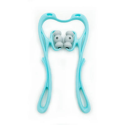 Blue handheld neck massager roller with 96 pressure nodes on a white background.