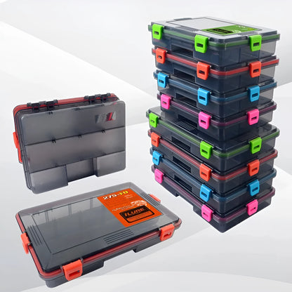 Blue waterproof PP plastic fishing lure storage box with lid open, showing single compartment.