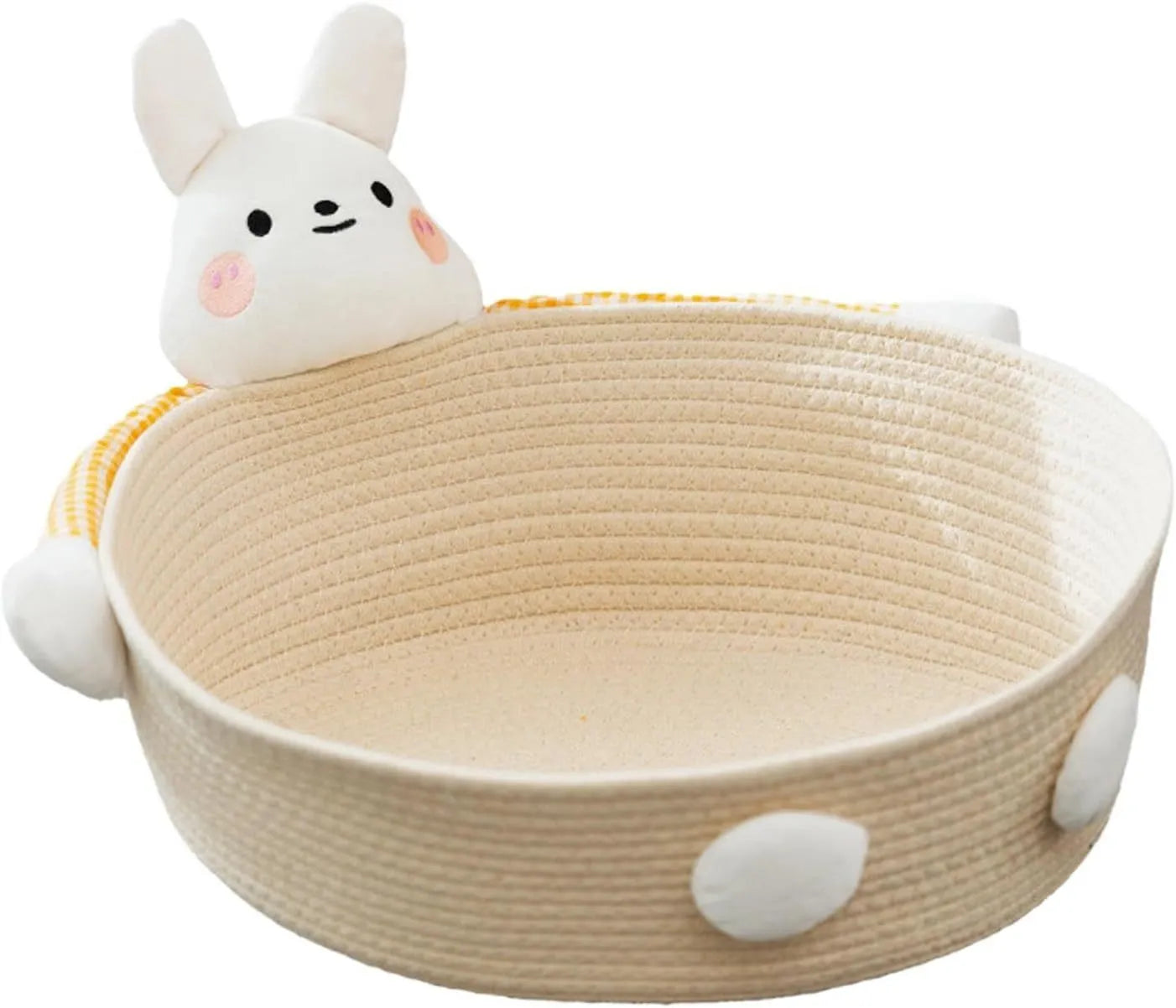 Woven cotton rope basket cat bed with integrated scratching edges for cats and small dogs.