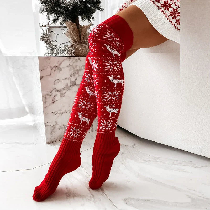 Cozy Christmas knee-high socks with festive elk and snowflake patterns