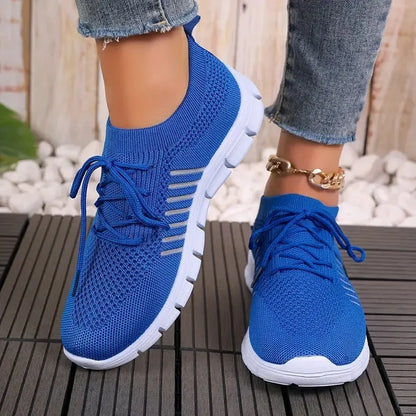 Women's flying knit casual flats with mesh upper, round toe, and front-tie design in multiple colour options