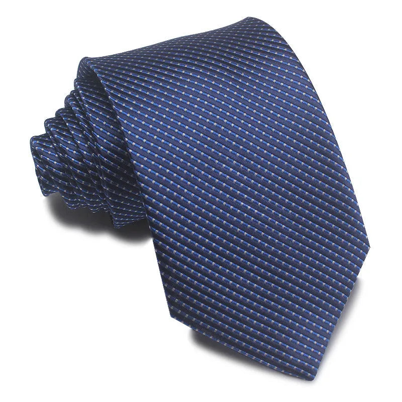 Close-up of a red and black striped men's business tie with a textured Jacquard weave, showing the 8cm width and arrow point shape.