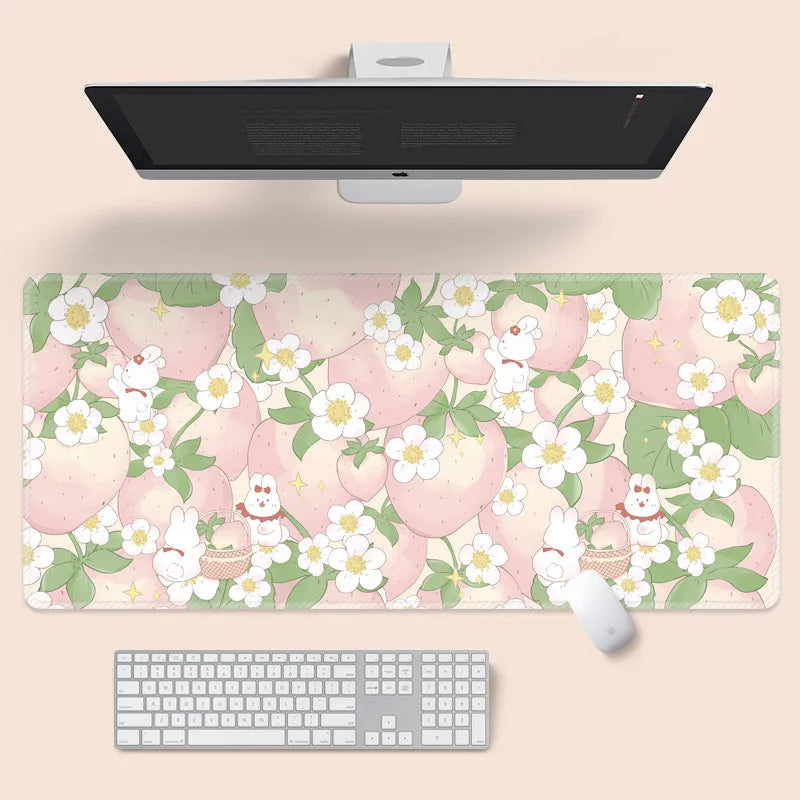 Large cartoon flower pattern mouse pad with non-slip rubber base on desk