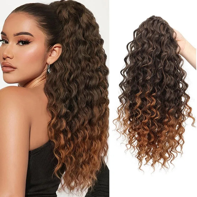 Small curly wave drawstring ponytail wig in gradient brown shades on display