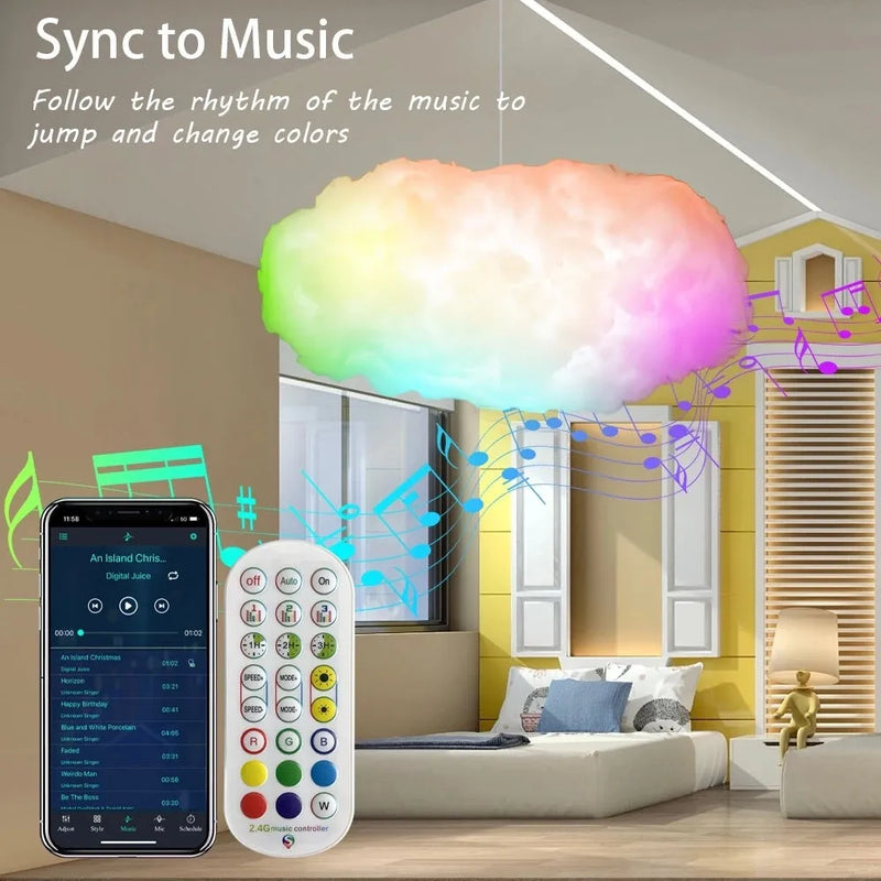 USB-powered fabric cloud light with APP and music sync, 60-70cm long, for bedroom RGBIC ambient lighting and lightning simulation effects