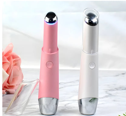 Mini electric vibration eye massager pen in pink and white with 40°C thermal head and USB charging cable