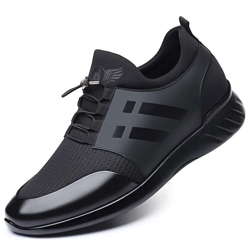 Men's black casual sneakers with a hidden internal heel lift, available in leather, Lycra and mesh upper options.