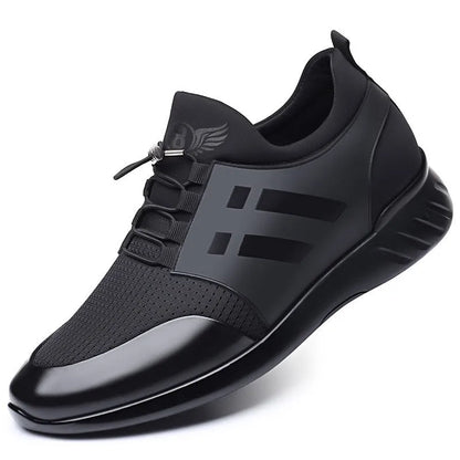 Men's black casual sneakers with a hidden internal heel lift, available in leather, Lycra and mesh upper options.