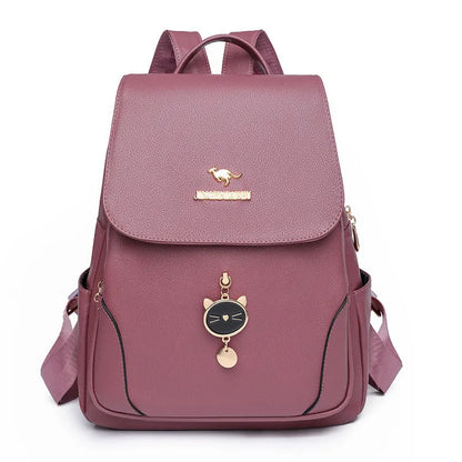 Women's black leather backpack with three-dimensional pockets and street trend design