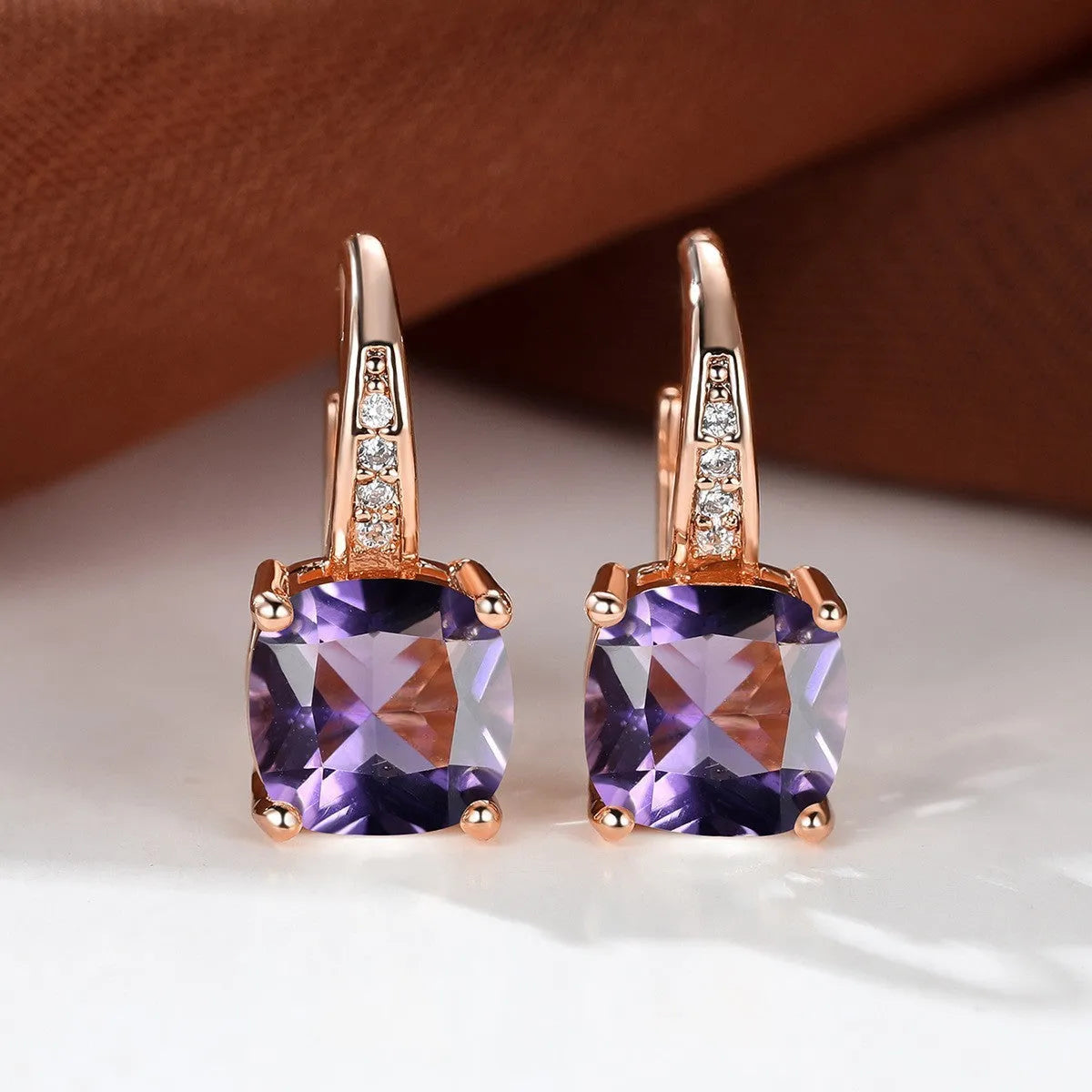 Square zircon inlaid geometric ear hooks in Korean style with electroplated finish