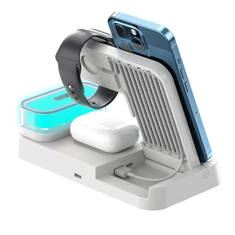 White 4-in-1 wireless charger station with foldable stand, alarm clock display, and Apple Watch charger