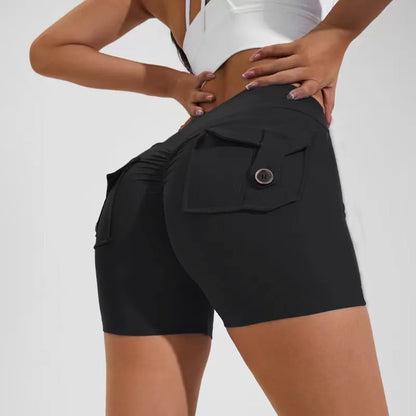 Women's high-waist quick-dry fitness shorts with side pockets in avocado green colour