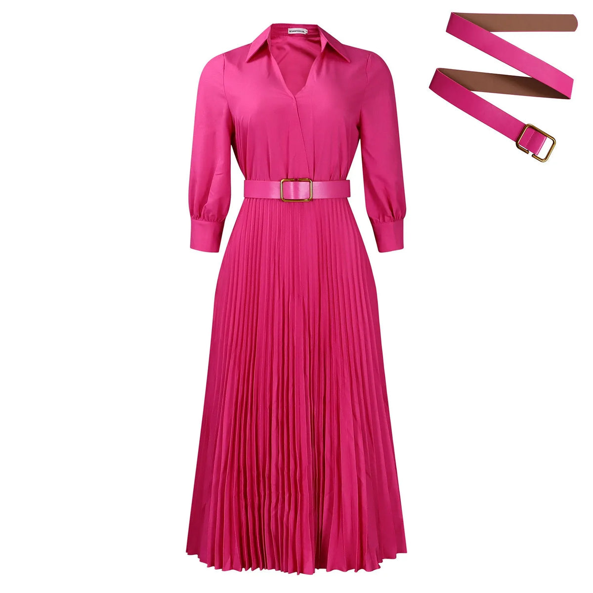 Women's solid colour pleated swing dress with polo collar, 3/4 sleeves and coordinating belt