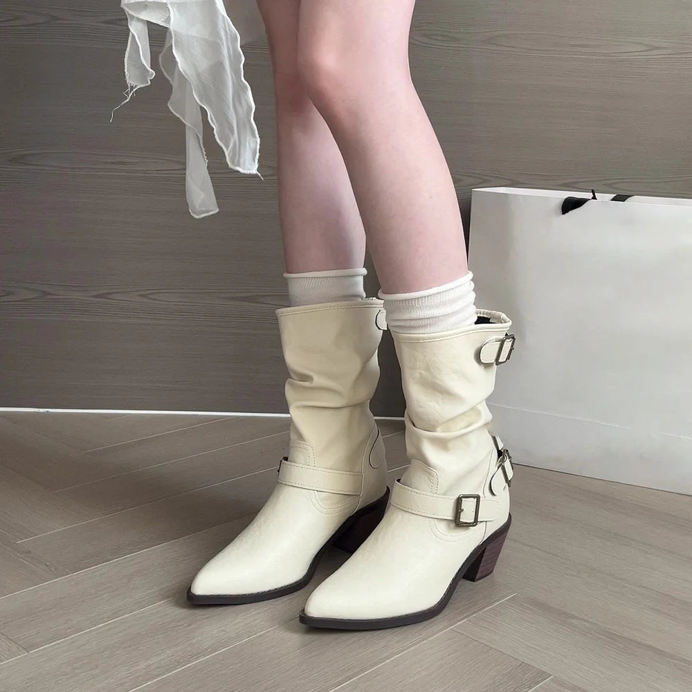 Women's chunky heel boots in white colour with 2.5cm flat heel and middle calf length