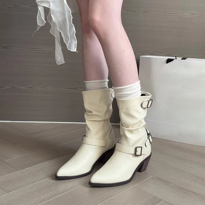 Women's chunky heel boots in white colour with 2.5cm flat heel and middle calf length