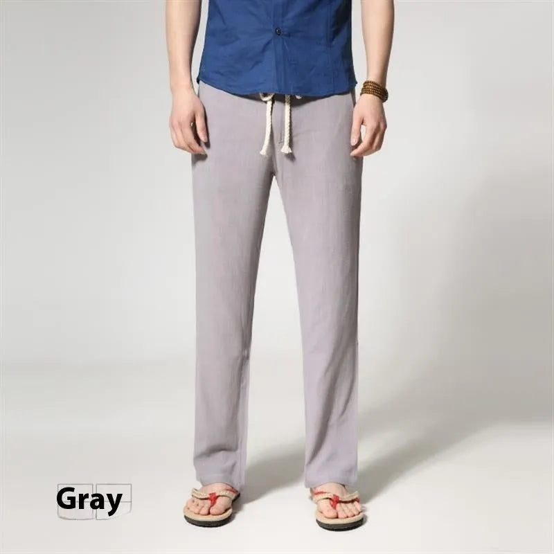 Men's straight leg casual trousers in cotton linen blend showing mid-waist design and straight leg opening