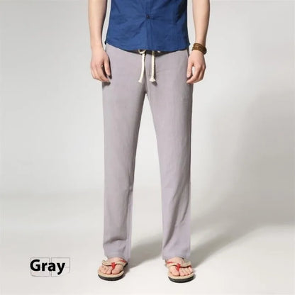 Men's straight leg casual trousers in cotton linen blend showing mid-waist design and straight leg opening