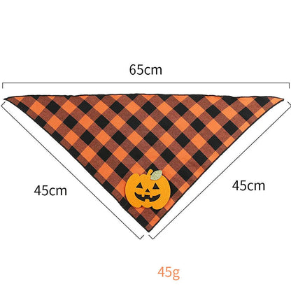 Orange Halloween dog bandana with felt pumpkin appliques on plaid fabric