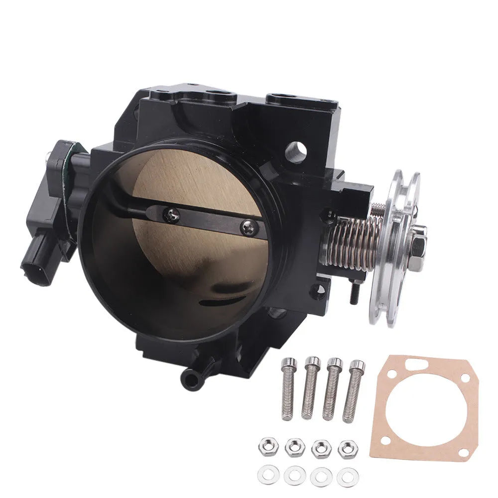 Aluminium throttle body for Honda K20A engine, shown in silver finish, approximately 70mm in diameter.