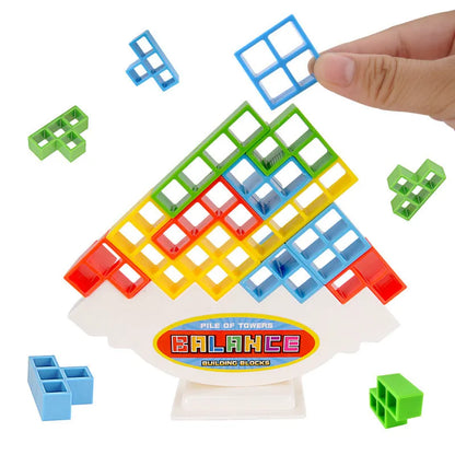 Plastic balance stacking game with 16 colourful blocks, chassis, and base for kids and adults