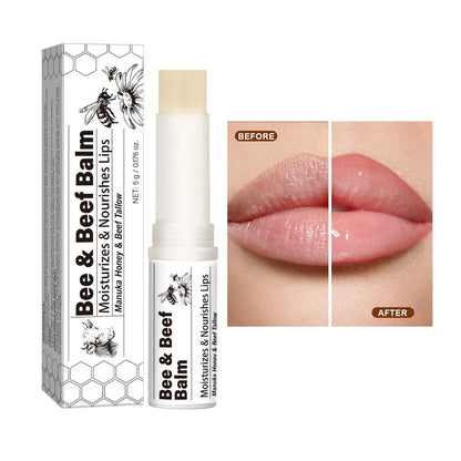Beef fat lip balm tube showing 83mm length and 19mm diameter with organic grass-fed butter formula